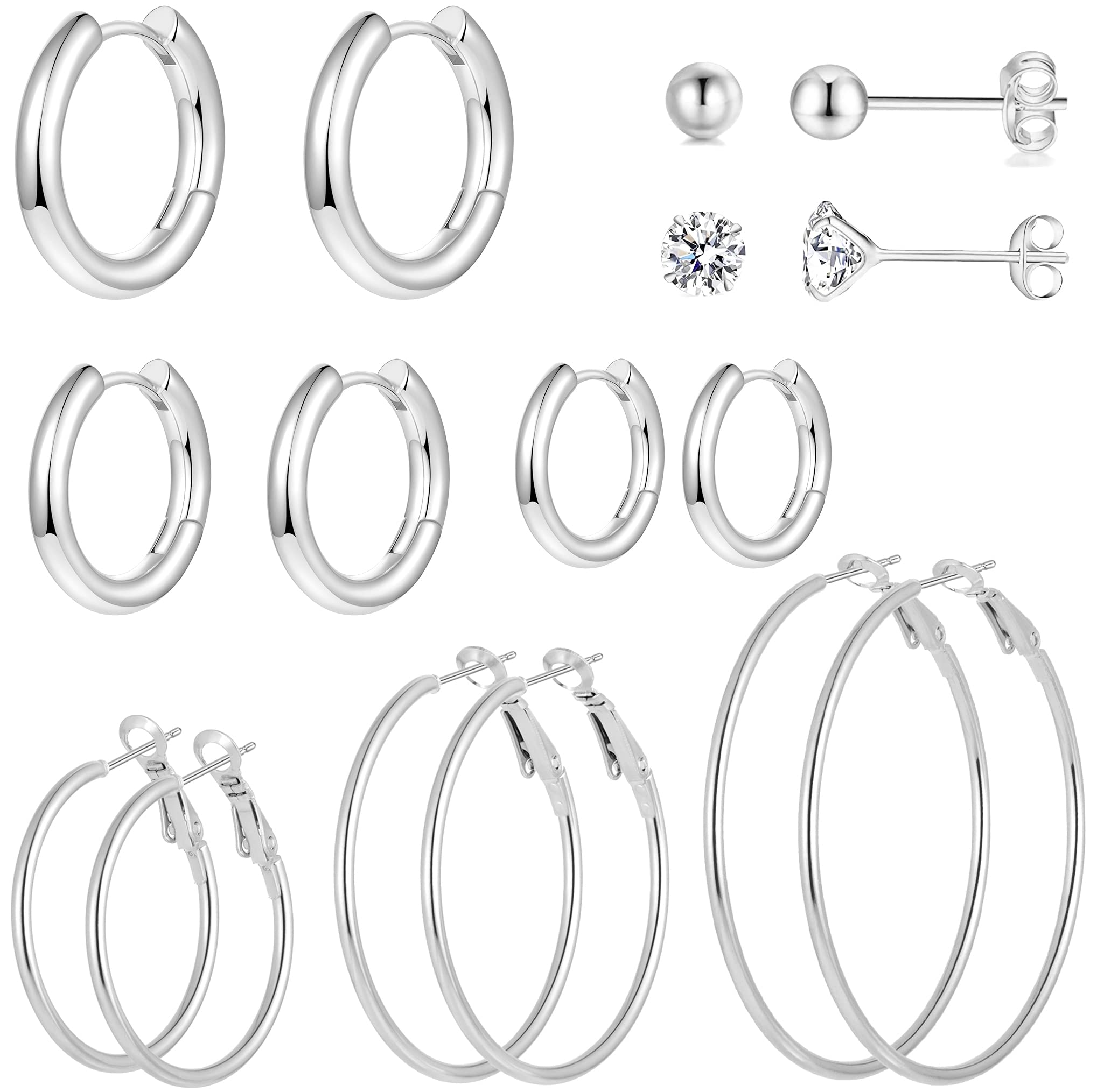 Stainless Steel Gold/Silver Plated Hoop Earrings for Women, Hypoallergenic 14k Gold Hoops Huggie Earrings Lightweight Cartilage Small CZ Ball Flatback Studs Earring Pack for Multiple Piercing